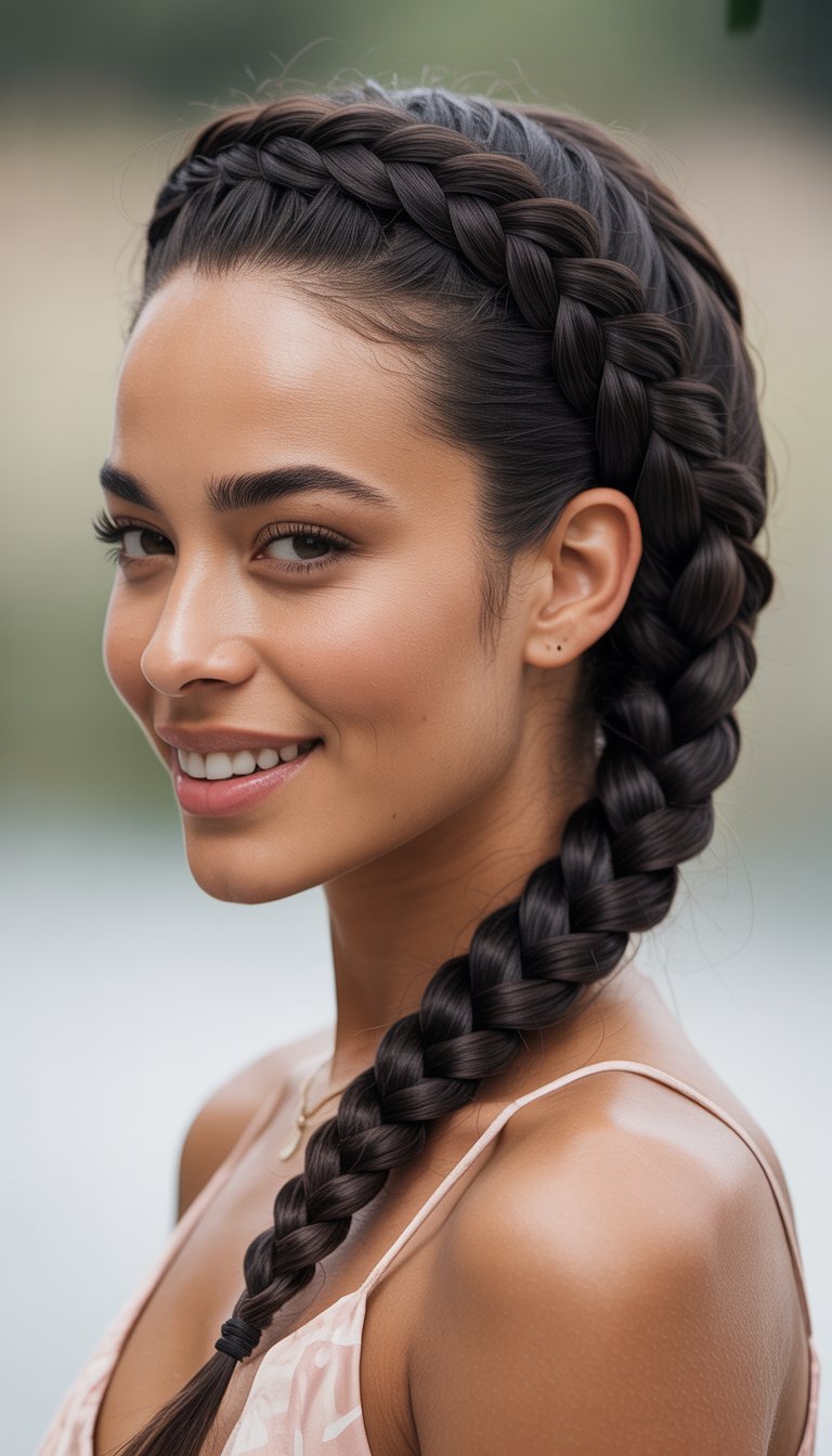 A Black woman smiling with a classic French braid hairstyle against a neutral background.